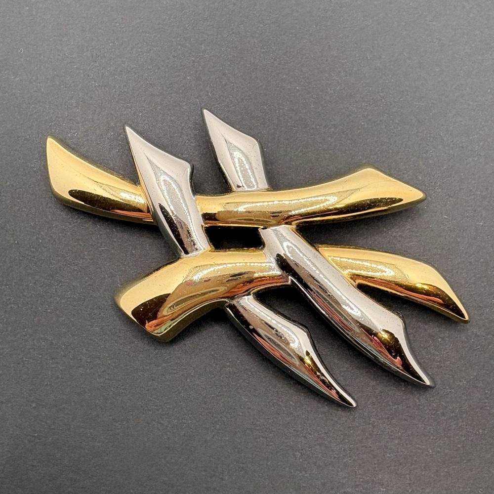 Vintage Piscitelli Woven Silver & Gold Tone Brooch Modernist Bold 3"